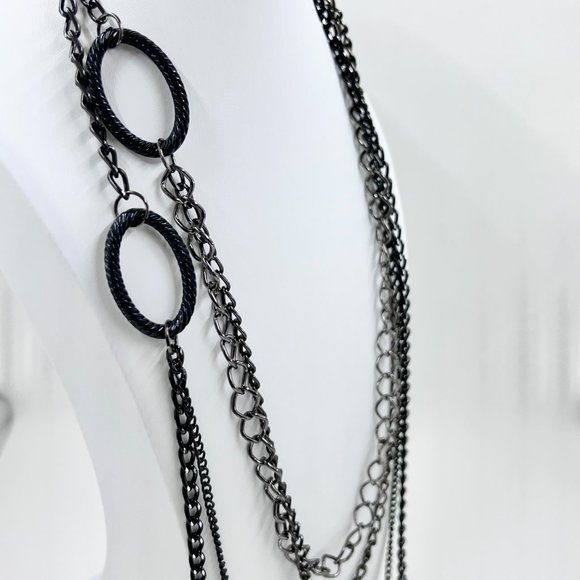 Black & Gunmetal Tone Multi Layered 22” Chain Necklace - Picture 3 of 7